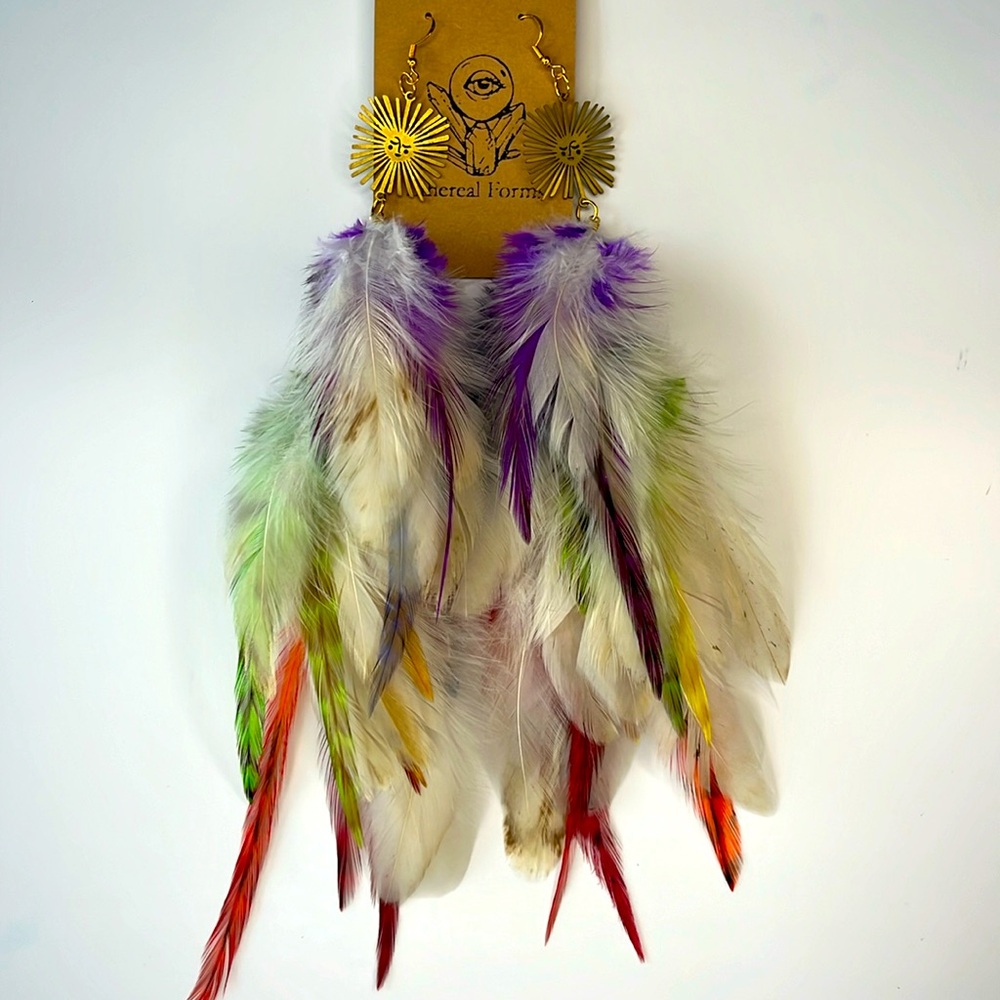 Real feather earrings in cream & rainbow, gold sun pendants